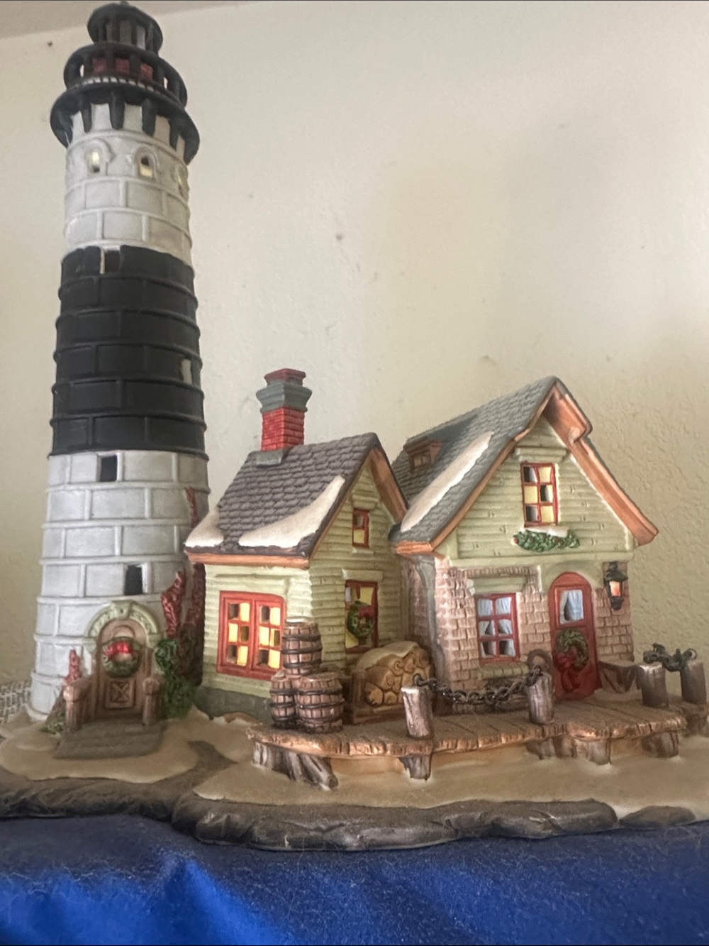 Coastal Lighthouse and Cottage Holiday Figurine - Green